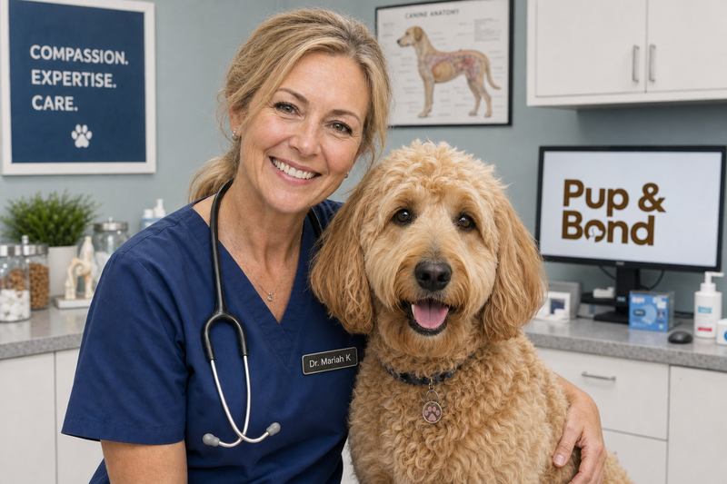 Dr. Mariah K, veterinarian and co-founder of Pup & Bond, with a Goldendoodle